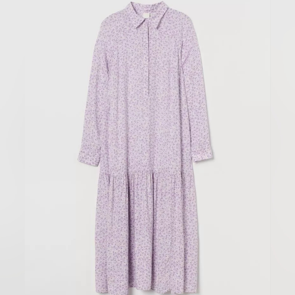 H&M White Lilac Purple Floral Midi Shirtdress